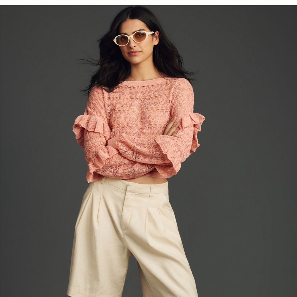 Like new Anthropologie sheer open-stitch ruffle jumper pink. XL.